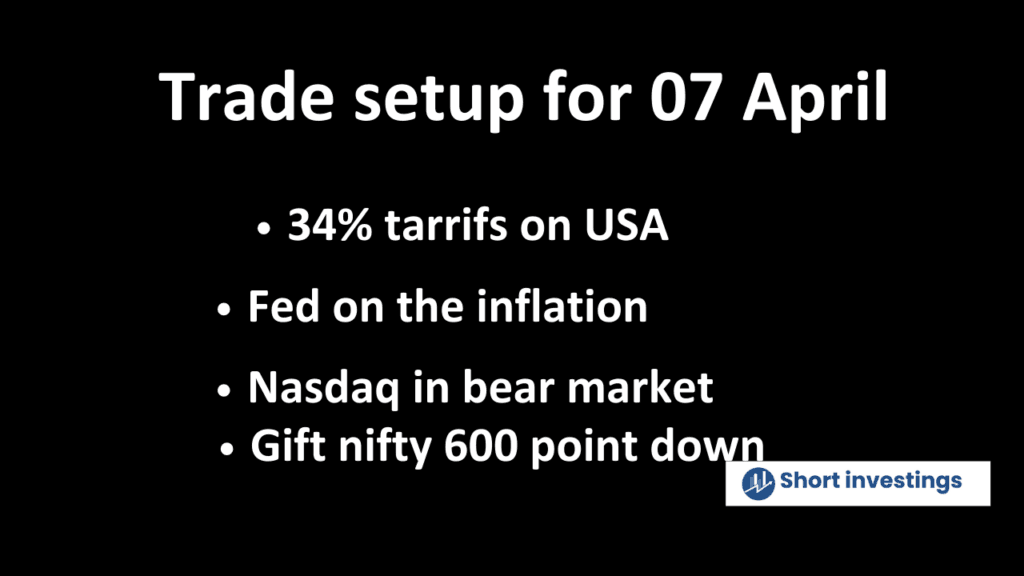 Trade setup for 07 April; china 34% tariffs, Fed cautious on inflation, Nasdaq in bear market, Gift nifty 600 point down